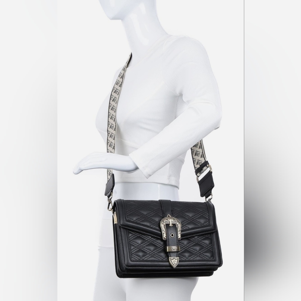 Cavalli Class Women's NWT Black Matera Diamond Quilt Flap Crossbody Bag.